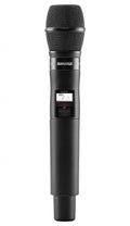 Black wireless handheld microphone with mesh grille, LCD screen, and power switch labeled on.