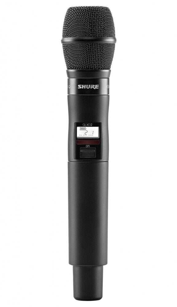 Black wireless handheld microphone with mesh grille, LCD screen, and power switch labeled on.