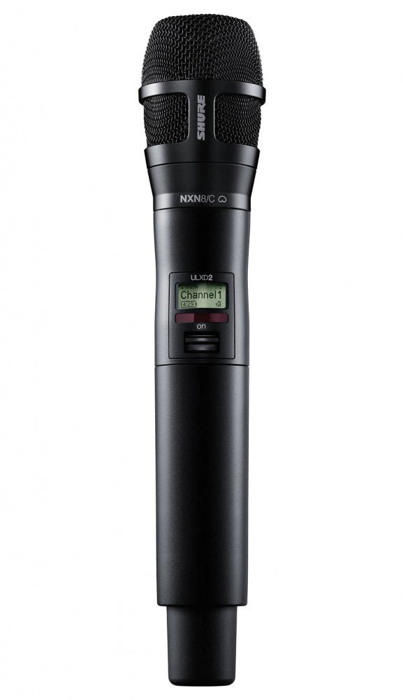 Black handheld wireless microphone with mesh grille and display showing Channel 1