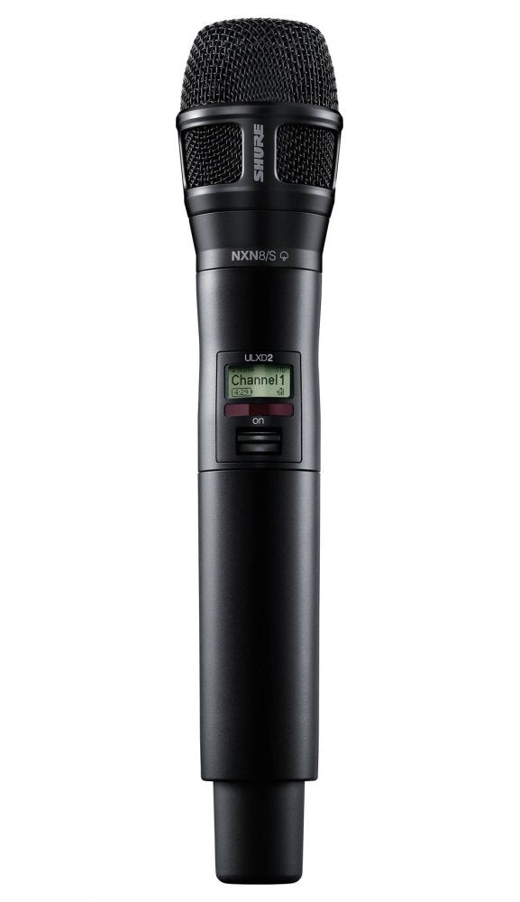 Black handheld wireless microphone with mesh grille and digital display showing channel information.