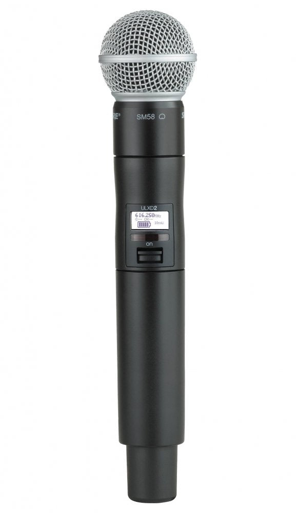 Black handheld wireless microphone with metal mesh grille and digital display showing frequency and battery status.