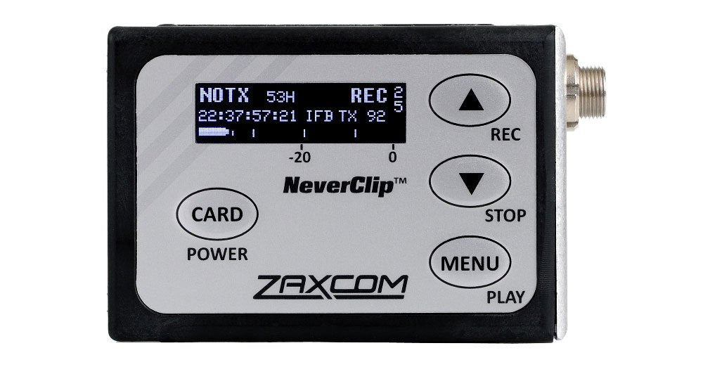 Compact electronic device with display screen, buttons labeled CARD, REC, STOP, MENU, PLAY, and a coaxial connector.