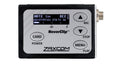 Compact electronic device with display screen, buttons labeled CARD, REC, STOP, MENU, PLAY, and a coaxial connector.