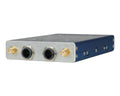 Rectangular metal device with two round connectors and two gold coaxial connectors on one side