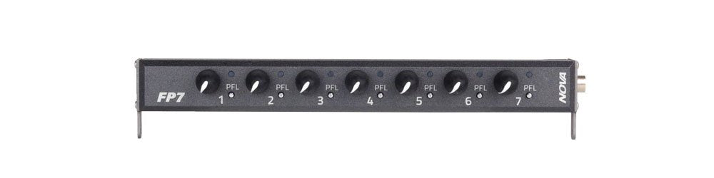 Black audio panel with seven rotary knobs labeled PFL 1 to PFL 7 and a BNC connector on the right side.