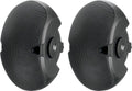 Pair of black wall-mount speakers with metal grille and Ev logo on side mounts.