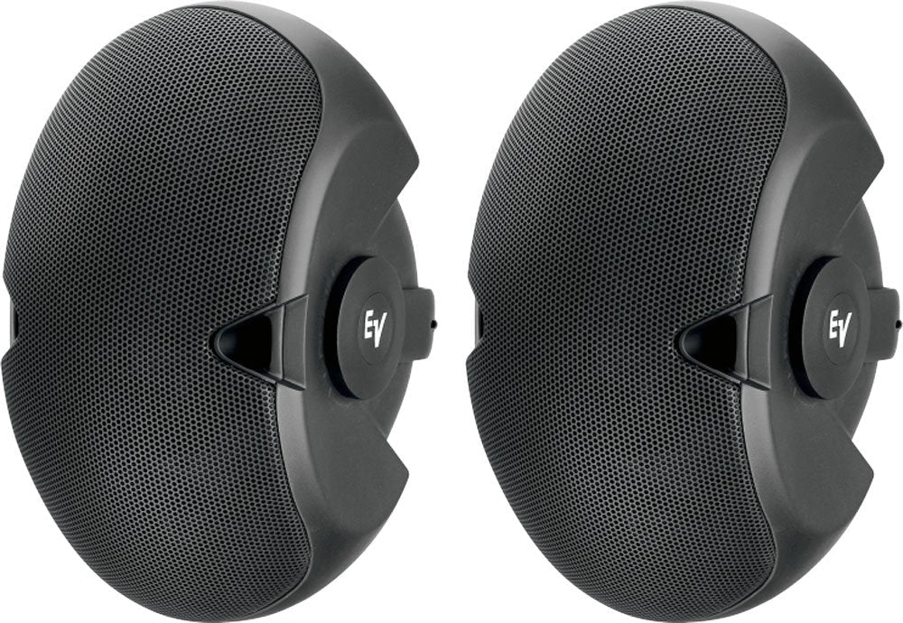 Pair of black wall-mount speakers with metal grille and Ev logo on side mounts.