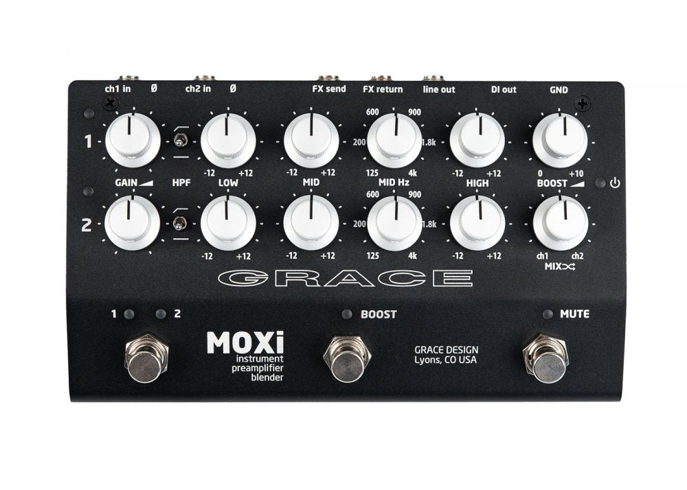 Black instrument preamplifier unit with multiple rotary knobs, toggle switches, and footswitches labeled MOXi by Grace Design.