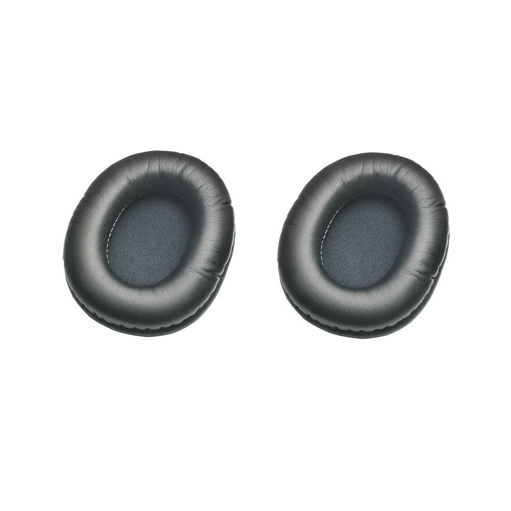 Two black oval replacement ear pads for headphones with fabric inner mesh and leather-like outer covering.
