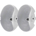 Pair of white round speakers with front metal grille and EV logo on the side.