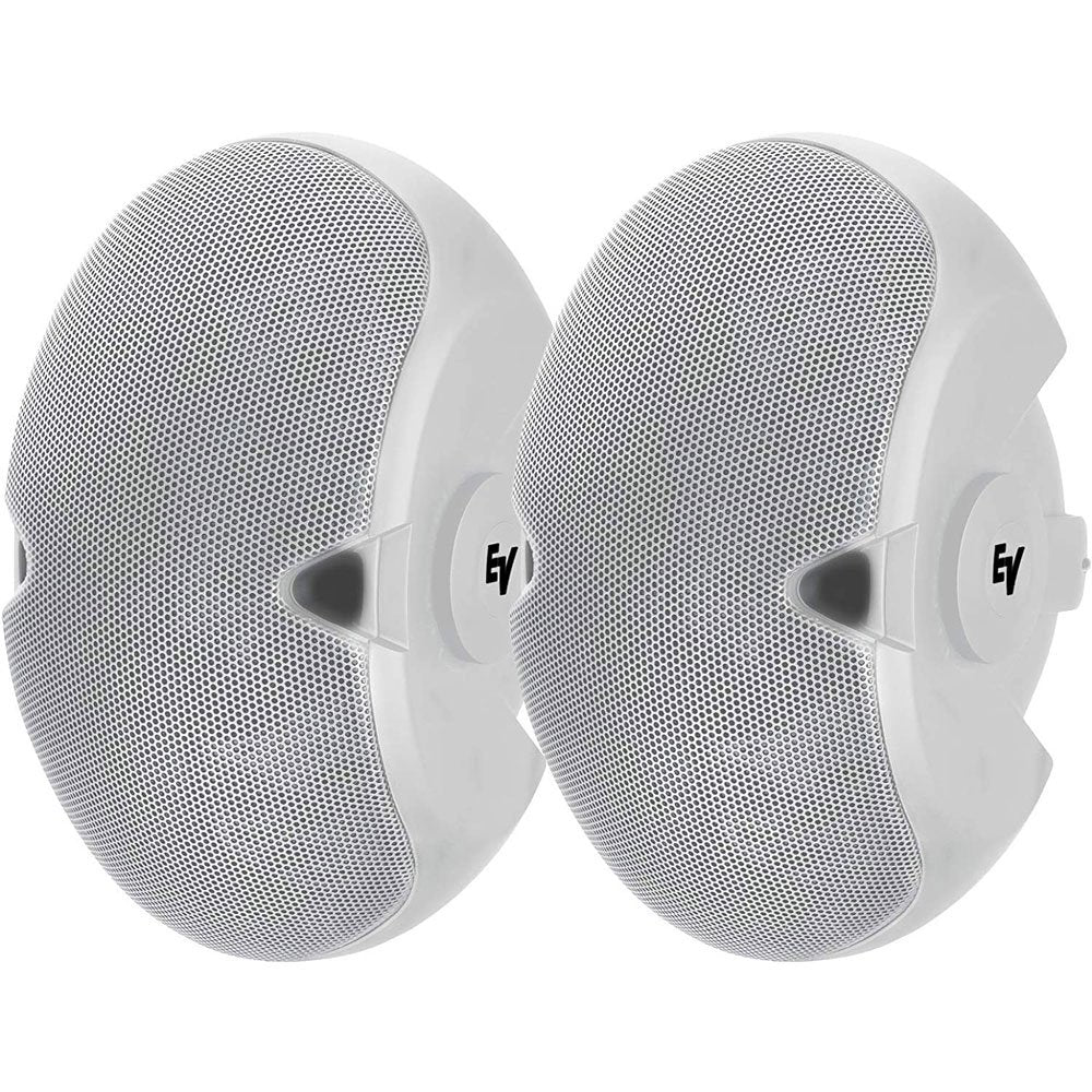 Pair of white round speakers with front metal grille and EV logo on the side.