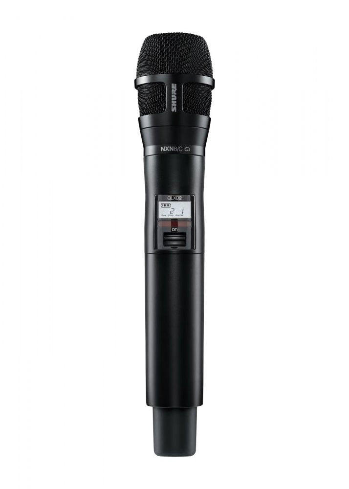 Black handheld wireless microphone with digital display and on/off switch on the body.