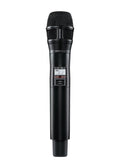 Black handheld wireless microphone with on/off switch and digital display on the handle.