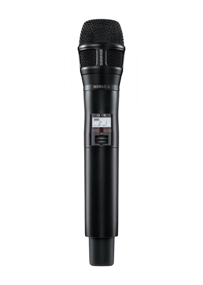 Black handheld wireless microphone with on/off switch and digital display on the handle.