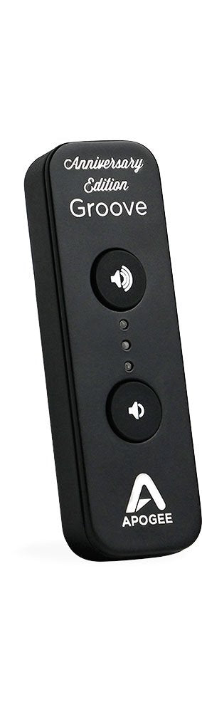 Black rectangular device with Anniversary Edition Groove text, volume control buttons, and Apogee logo.