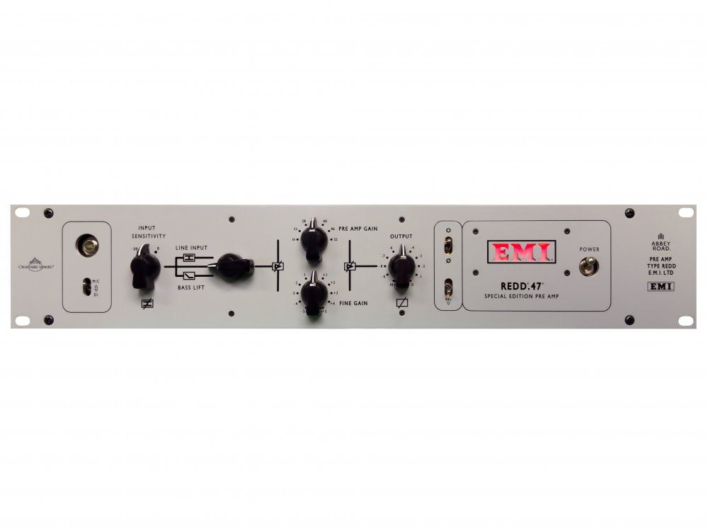 Front panel of a rackmount audio preamplifier with knobs, switches, an XLR input, and EMI branding.
