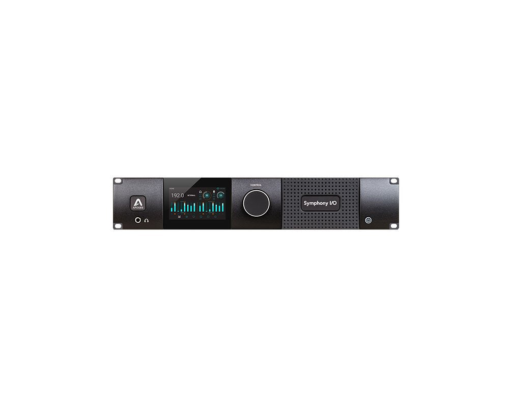 Front view of a black rackmount audio interface with control knob, screen display, headphone jack, and power button.