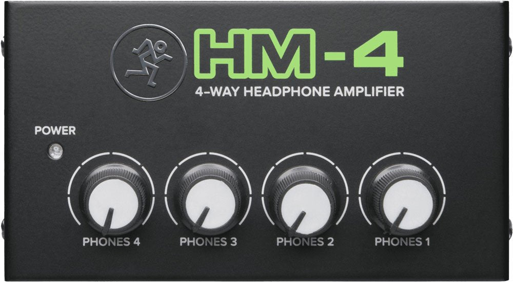 Black 4-channel headphone amplifier with four rotary volume knobs and power indicator light on the front panel.
