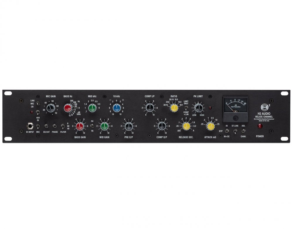 Black rackmount audio preamp and dynamics unit with multiple rotary knobs, switches, and a meter on front panel.