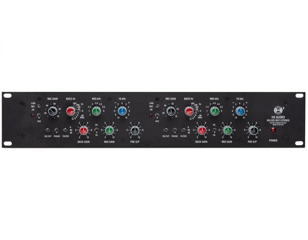 Front panel of a black stereo audio processor with gain and equalizer controls and power button.