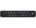 Front panel of a black stereo audio processor with gain and equalizer controls and power button.