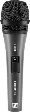 Front view of a black handheld microphone with a metal mesh grille and a push-to-talk slider switch.