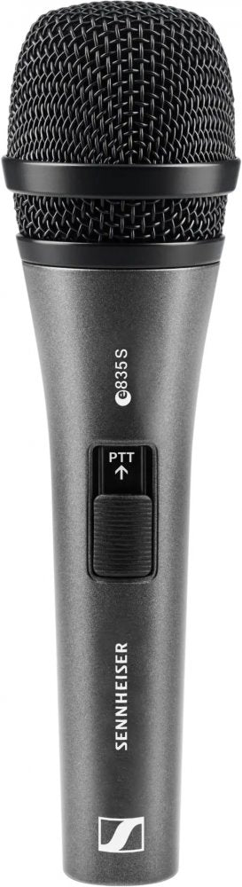 Front view of a black handheld microphone with a metal mesh grille and a push-to-talk slider switch.
