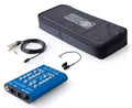Blue audio mixer with knobs, cables, clip-on microphone, and black carrying pouch on white background.