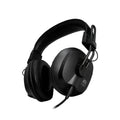 Black over-ear headphones with padded headband and ear cushions connected by a detachable audio cable.