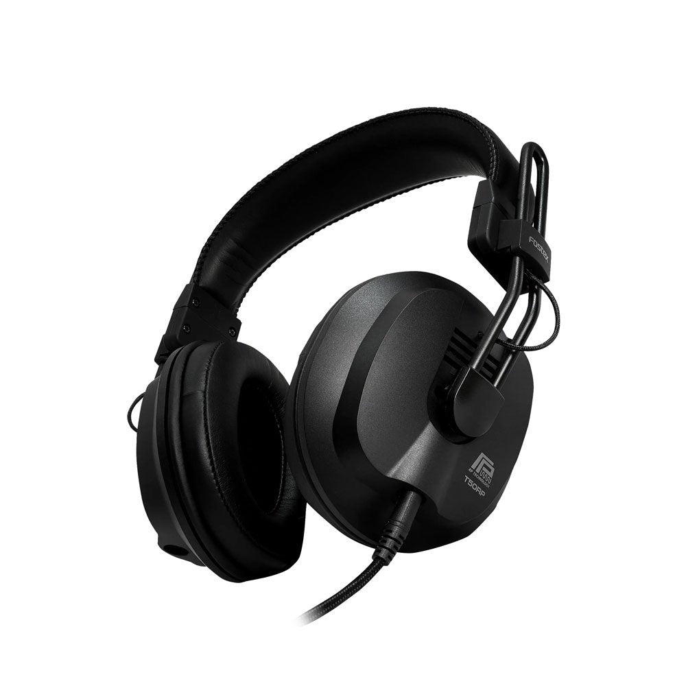 Black over-ear headphones with padded headband and ear cushions connected by a detachable audio cable.