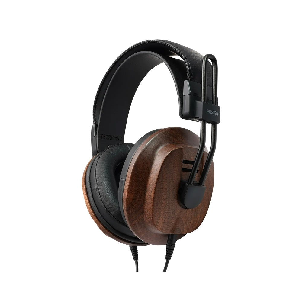 Over-ear headphones with wooden ear cups and a black padded headband connected by a metal frame.