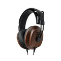 Over-ear headphones with wooden ear cups and a black padded headband connected by a metal frame.