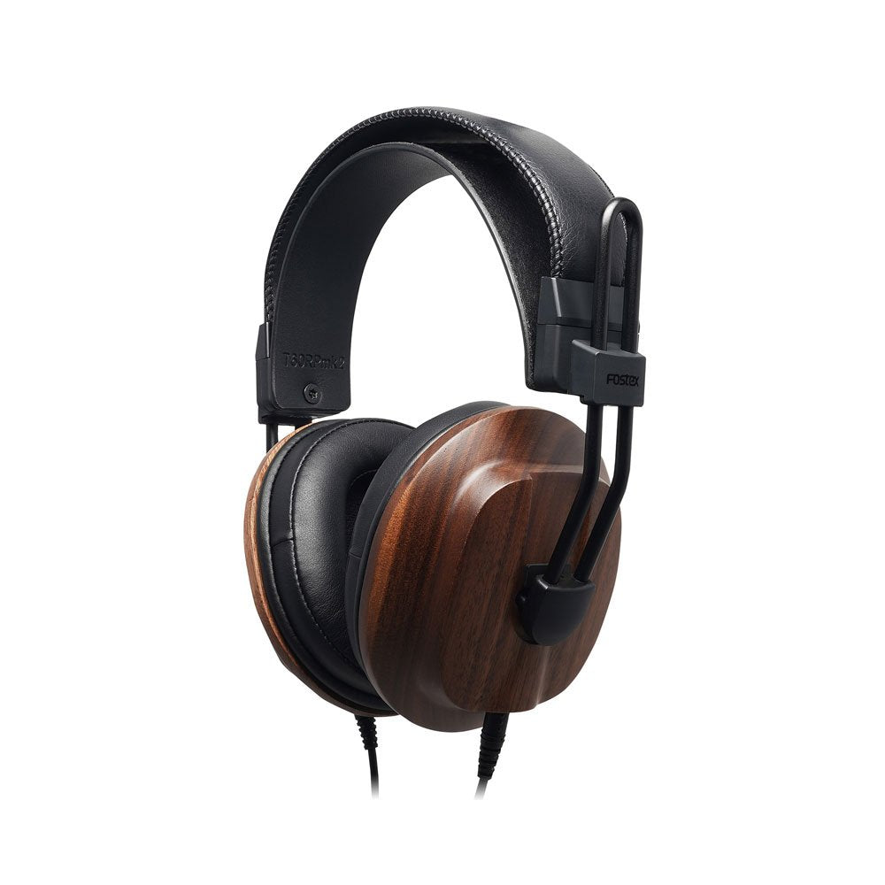 Black and brown over-ear headphones with wood ear cups and a wired cable.