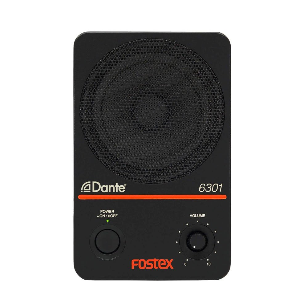 Front view of a black studio monitor speaker with a metal mesh, power button, and volume knob.