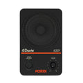 Front view of a black studio monitor speaker with a metal mesh, power button, and volume knob.
