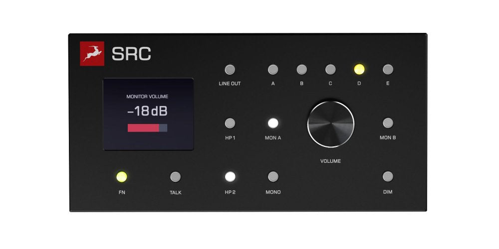 Black monitor controller with a screen displaying volume -18 dB, multiple buttons and a volume rotary knob.