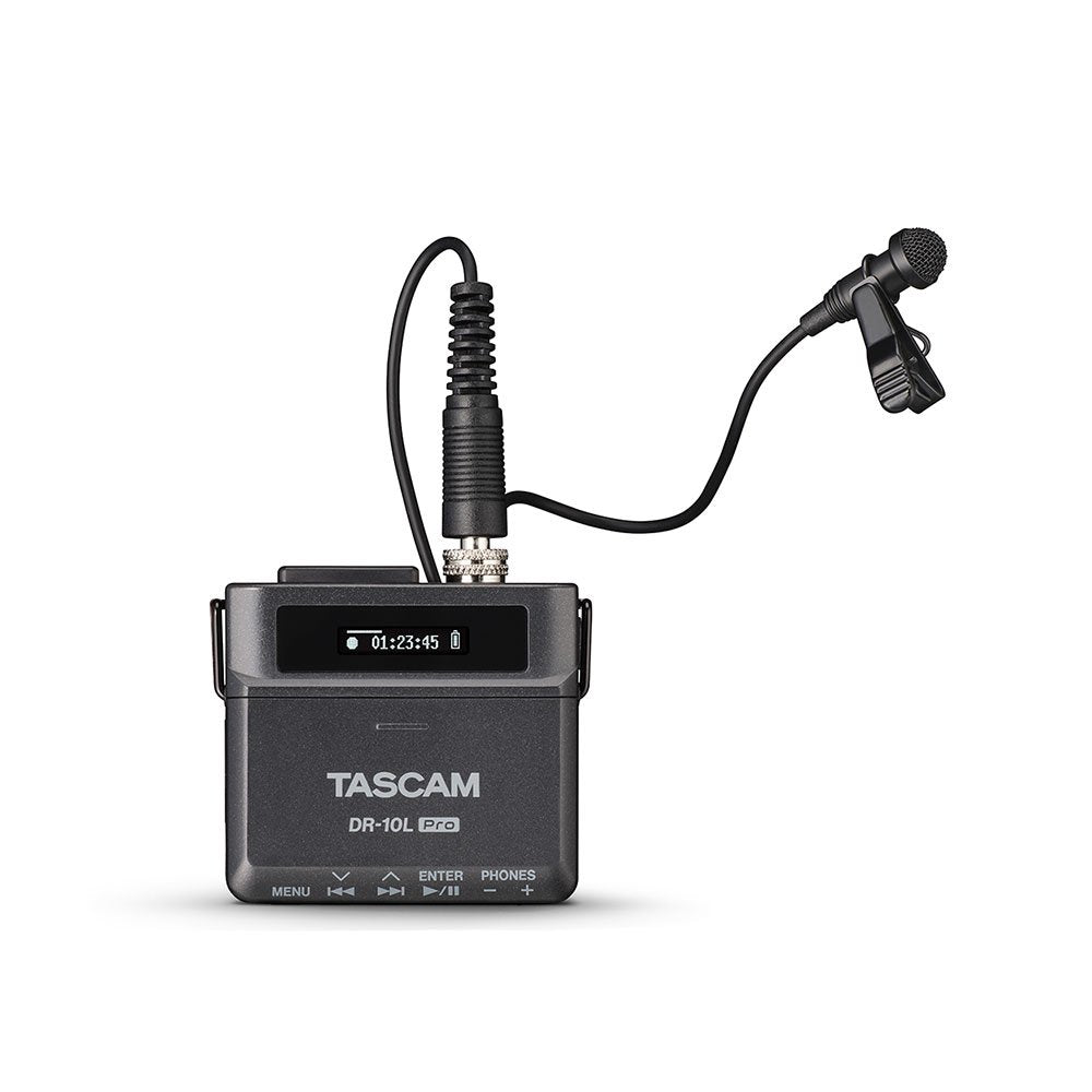 Black TASCAM DR-10L Pro audio recorder with attached lavalier microphone on a white background.