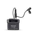 Black TASCAM DR-10L Pro audio recorder with attached lavalier microphone on a white background.