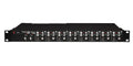 Front view of a TASCAM MH-8 rackmount headphone amplifier with multiple knobs, buttons, LEDs, and 1/4 inch headphone jacks.