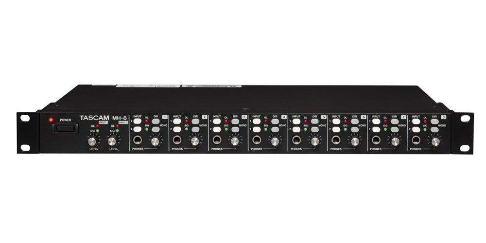 Front view of a TASCAM MH-8 rackmount headphone amplifier with multiple knobs, buttons, LEDs, and 1/4 inch headphone jacks.