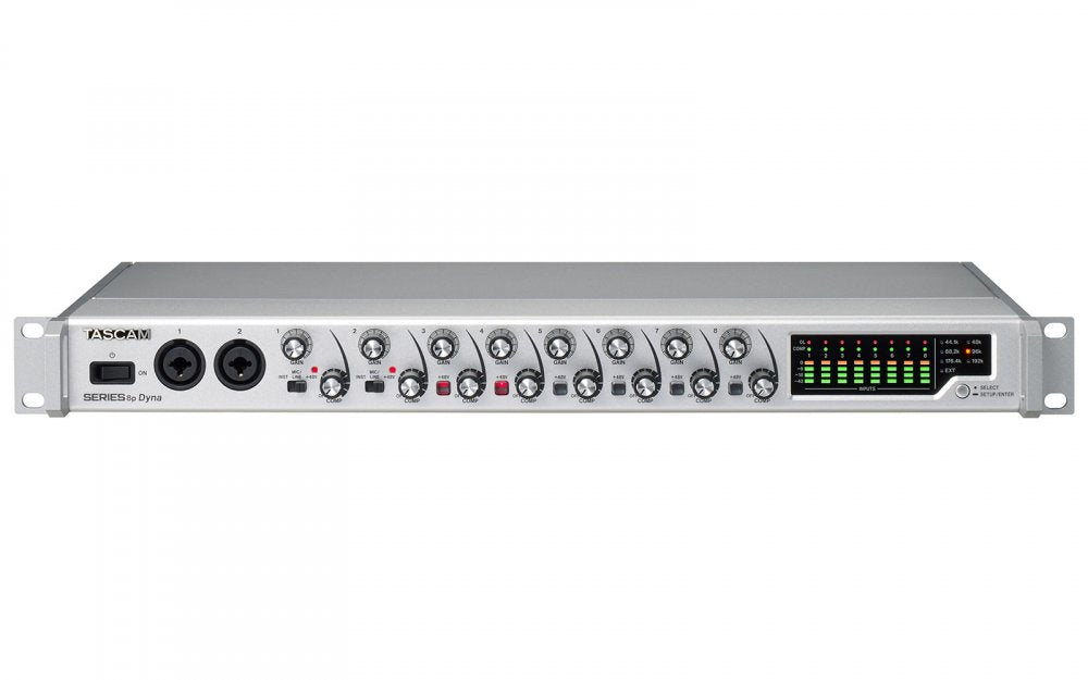 Silver rackmount audio device with eight rotary knobs, two combo jacks, power switch, and LED display for input levels.