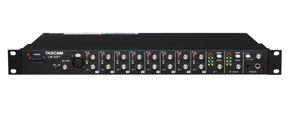 Black rackmount audio mixer with multiple rotary knobs, XLR input, headphone jacks, and LED level indicators.