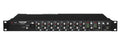 Black rackmount audio mixer with multiple rotary knobs, XLR input, headphone jacks, and LED level indicators.