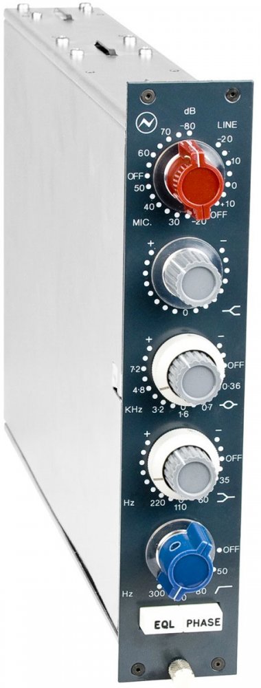 Silver audio module with dark blue front panel featuring multiple rotary knobs and toggle switches labeled with frequency and gain markings.