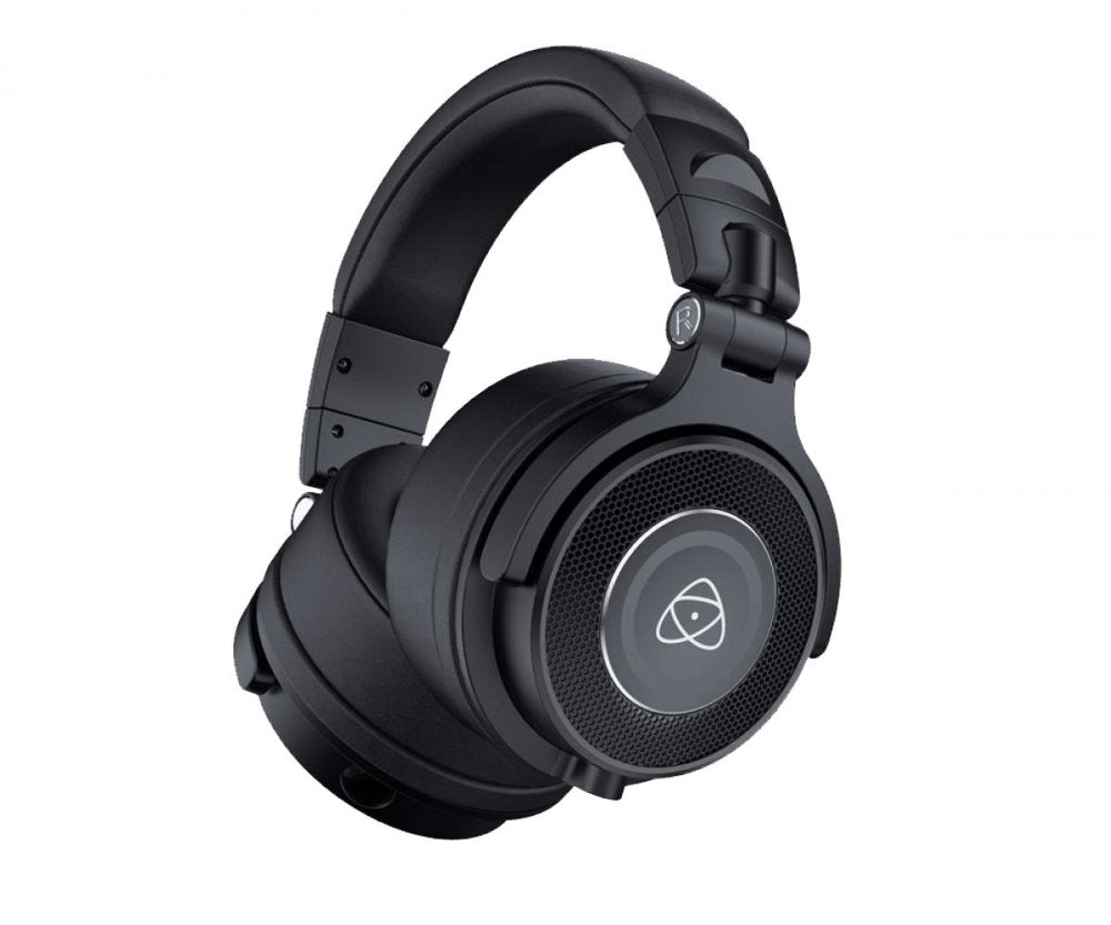 Black over-ear headphones with a padded headband and circular ear cups with a logo on each side.