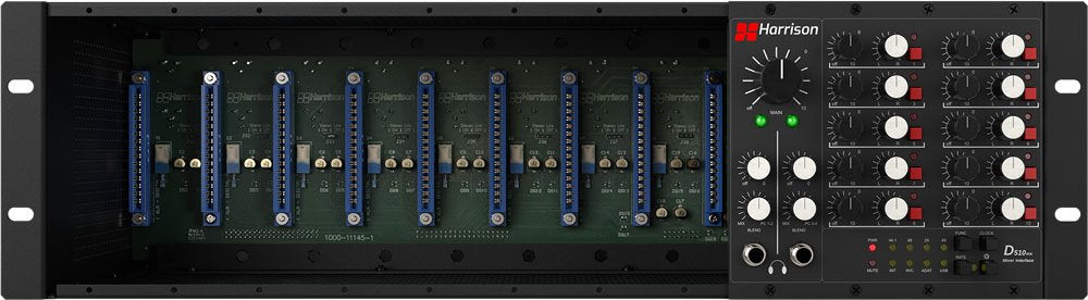 Black 500 series rack with empty slots and a mixer interface module on the right with knobs and buttons.