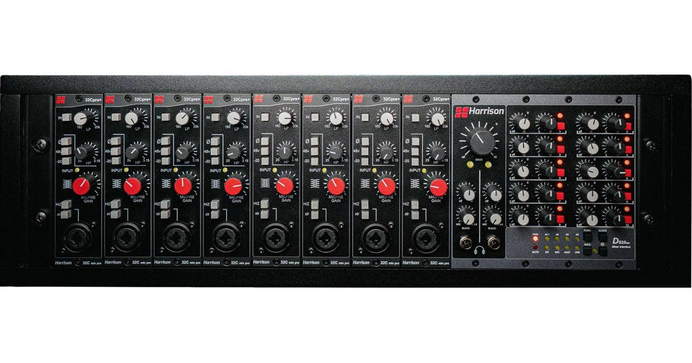 Front view of a Harrison rack-mounted mixer with multiple 32Cpre+ preamp modules and control panel.