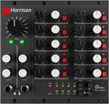 Top view of a Harrison audio mixer interface with multiple knobs, buttons, LEDs, and a headphone jack.