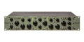 Front panel of a gray modular studio audio preamp and DI unit with multiple knobs, switches, and labeled controls.