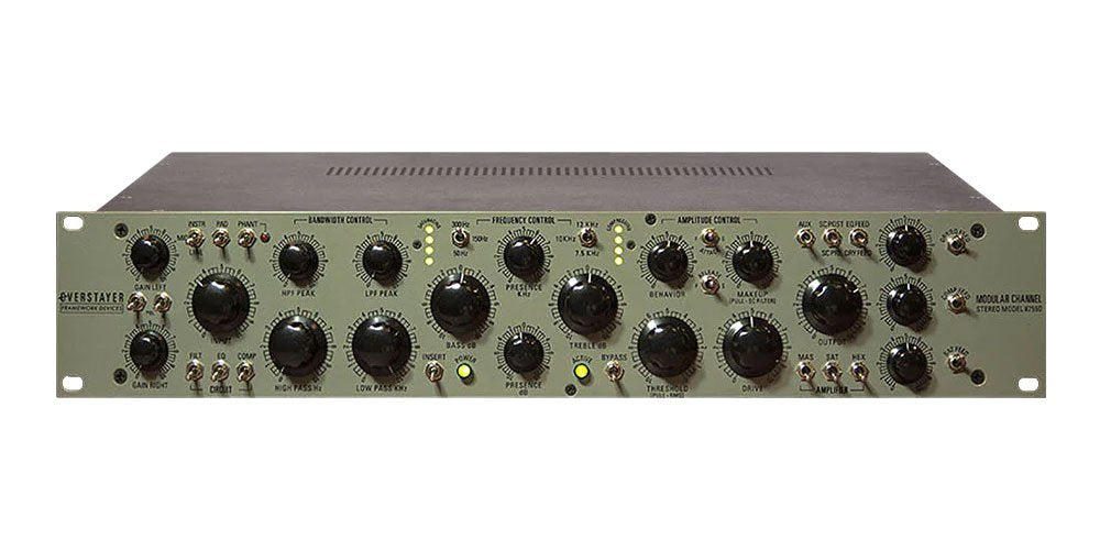 Front panel of a gray modular studio audio preamp and DI unit with multiple knobs, switches, and labeled controls.